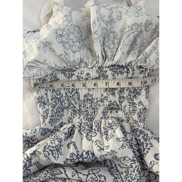 Moda International Maxi White Blue Linen Dress sz M Eyelet Detail Ruffle Paisley - Picture 9 of 11